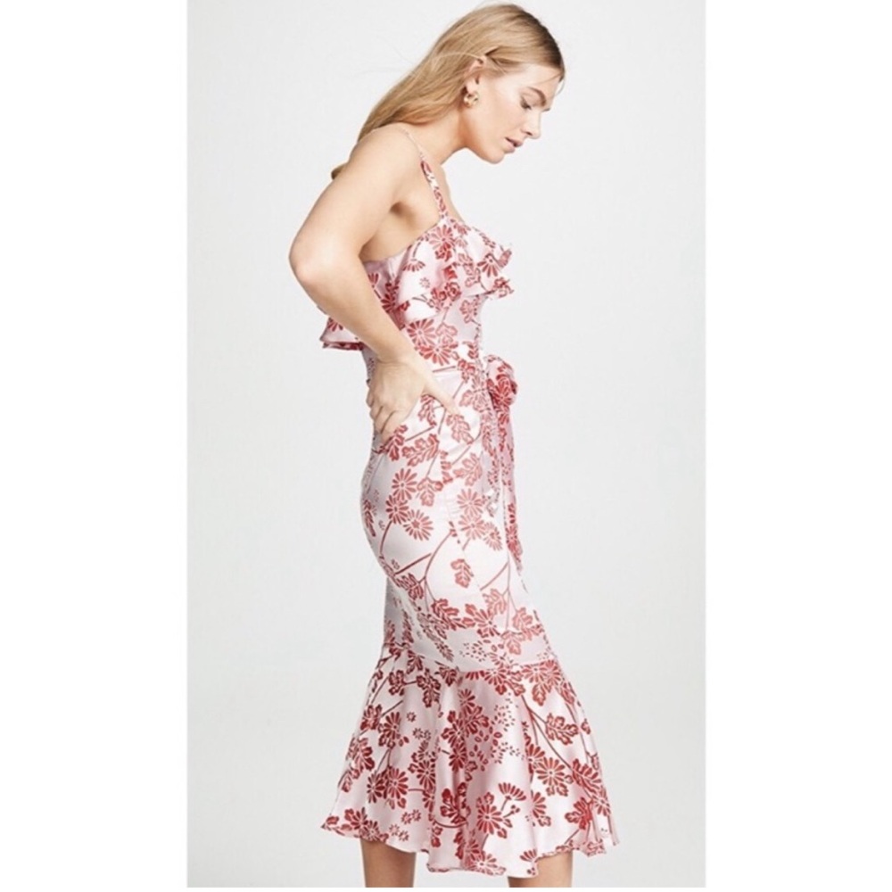 LIKELY Revolve Pink Satin Floral Madeline Ruffle Midi Dress Wedding Cocktail 4